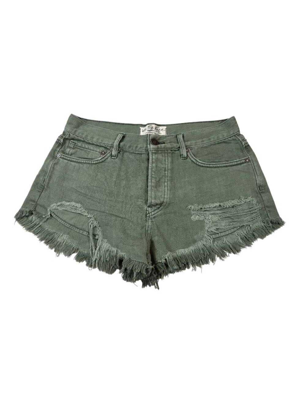 We The Free Olive Green Frayed High-Rise Cutoff Denim Shorts Sz 25 (OO632)